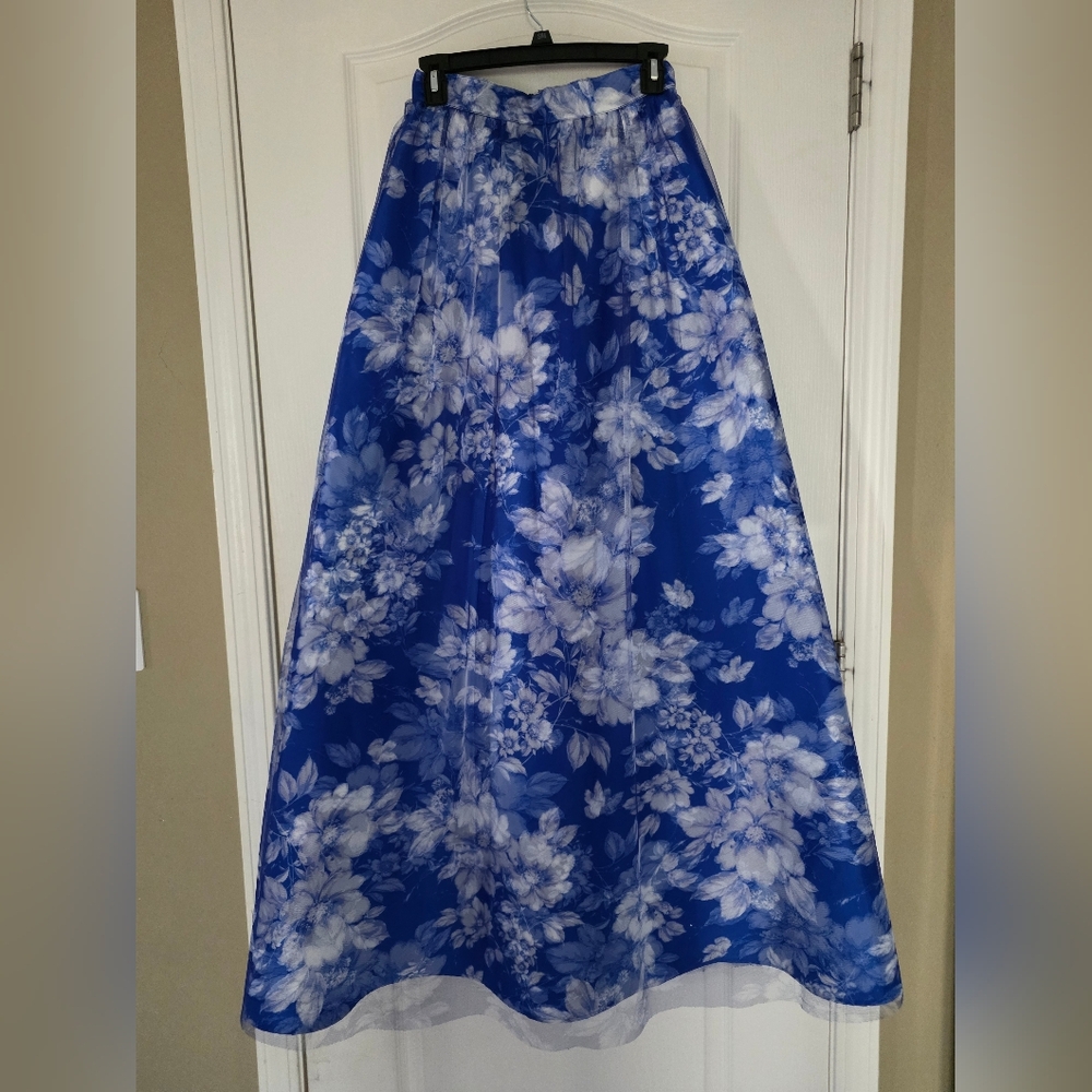Windsor Royal Blue Floral Skirt w/ Tulle Overlay